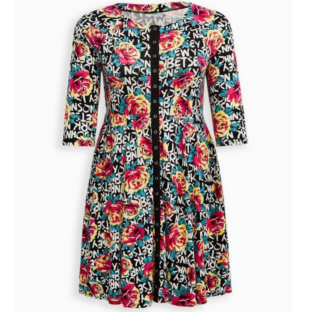 Torrid 2 Betsey Johnson Floral Black Snap Front Babydoll Dress 2X 18 20